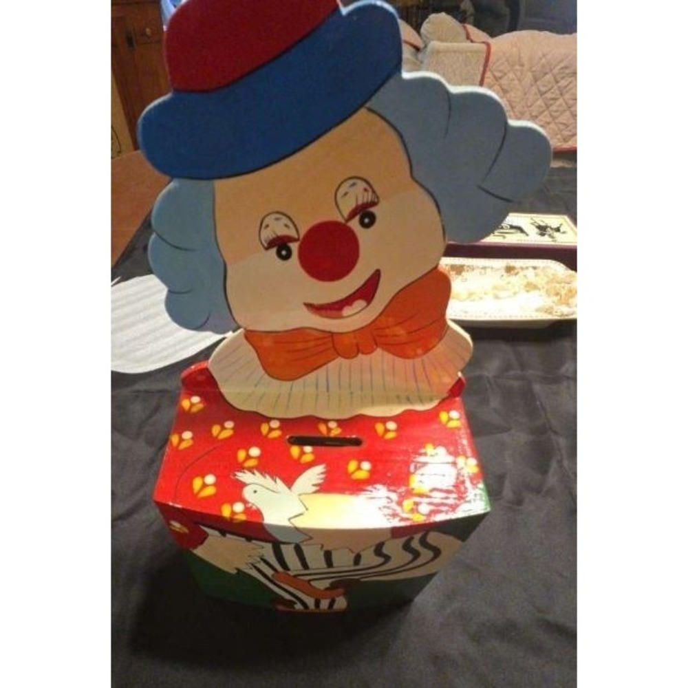Vintage Handpainted Wooden Clown Piggy Bank 12"×6"×3"